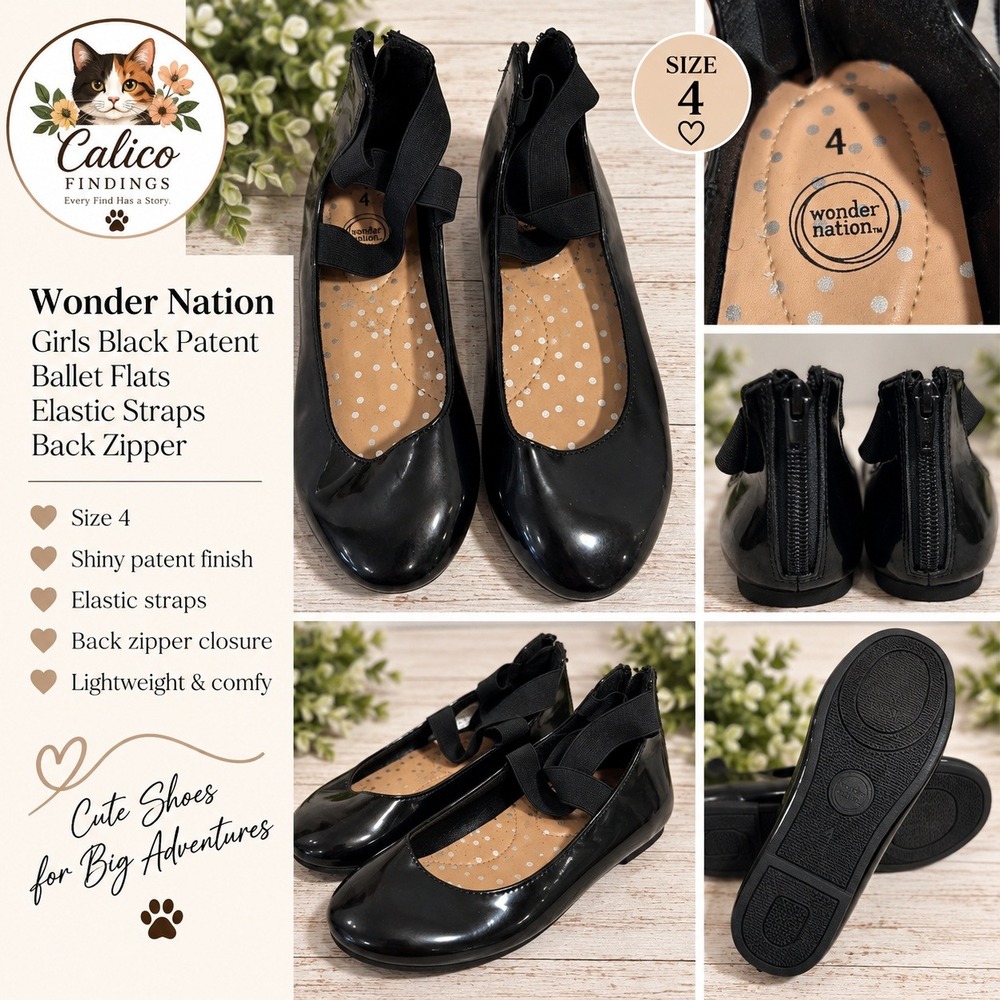 Wonder Nation Girls Black Patent Ballet Flats Elastic Straps Size 4 Back Zipper